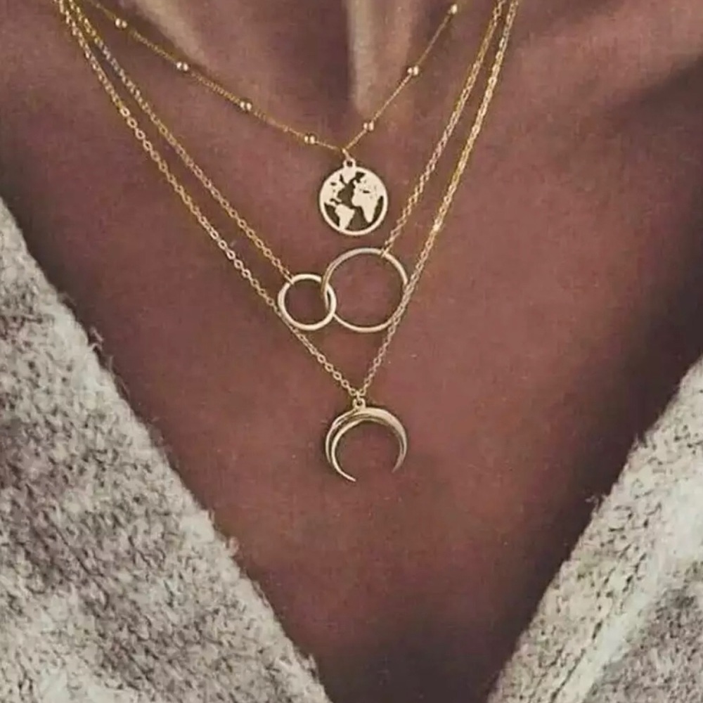 Gold World & Moon Layered Necklace